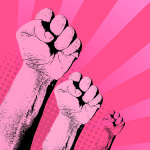 Pink graphic of fists pumped in the air